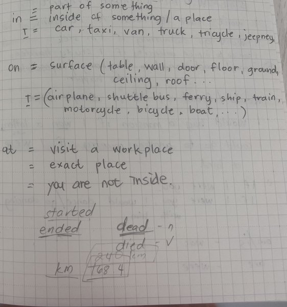 手寫英文筆記，整理 in、on、at 的用法